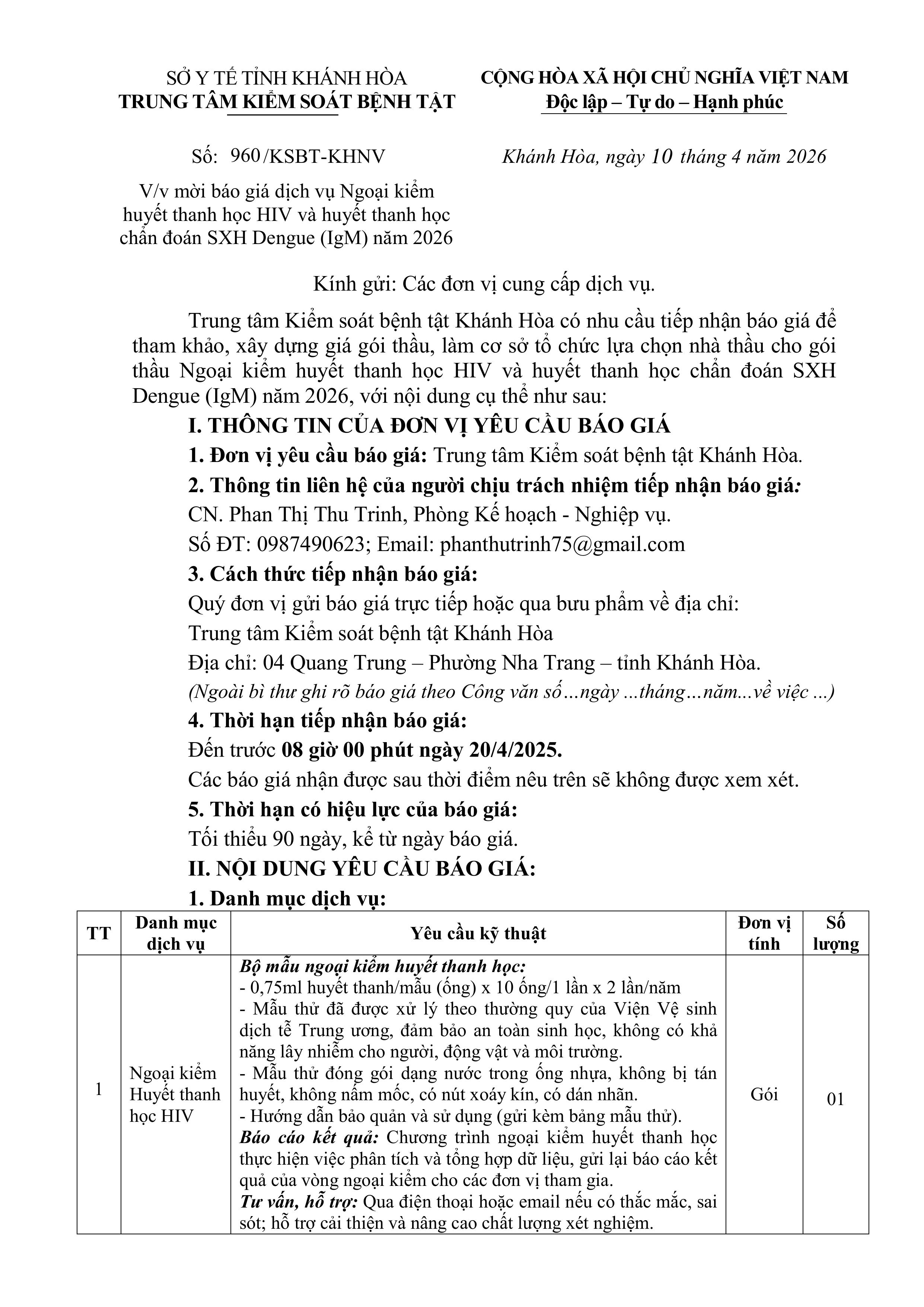 Mời báo giá dịch vụ Ngoại kiểm huyết thanh học HIV và huyết thanh học chẩn đoán SXH Dengue (IgM) năm 2026